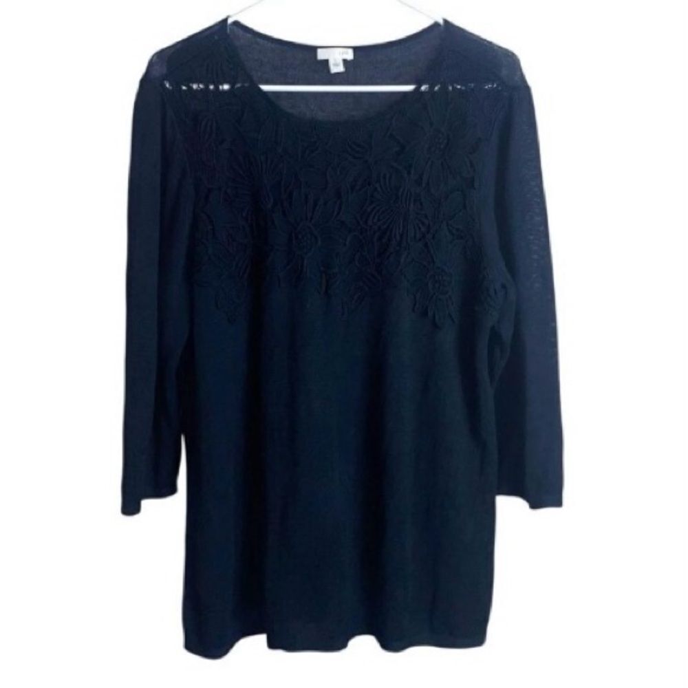 J. Jill Navy Blue Linen Blend Knit Top Large Floral Lace Overlay Women’s Sweater